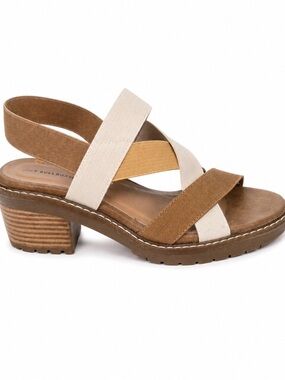 B-52 by Bullboxer Heel Sandal elastic cross-strap Brown & Cream Strappy Block 8